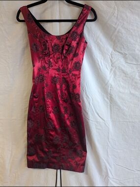Red Floral Satin Corseted Sheath Dress